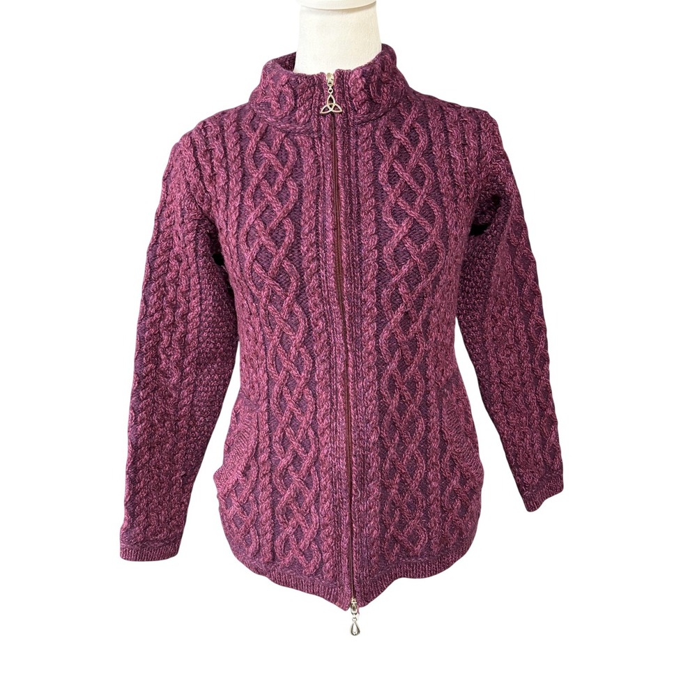 Aran Crafts Cardigan Sweater Womens S Purple Merino Wool Cable Knit Full Zip